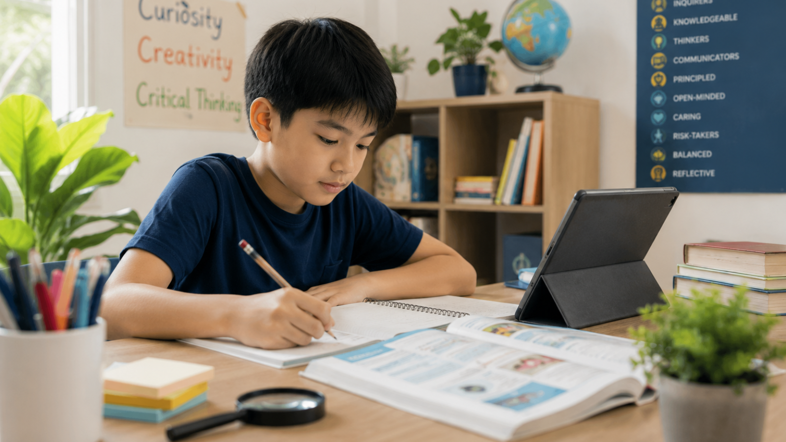 Student independently working on a learning activity while using books, digital resources, and educational tools in a flexible learning environment. The image highlights self-directed learning, critical thinking, inquiry-based education, and the benefits of international homeschool programmes that encourage curiosity, creativity, and academic development.