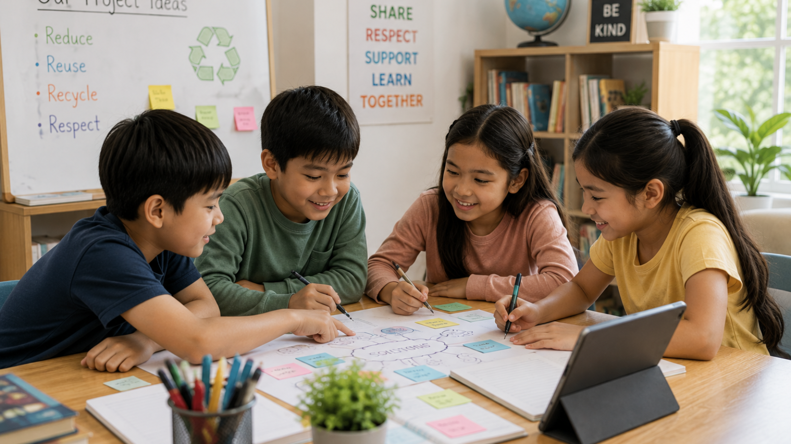 Students participating in a collaborative learning activity within a small educational setting, engaging in discussion, teamwork, and problem-solving. The image demonstrates how alternative learning environments can combine personalized attention, social interaction, communication skills, and meaningful peer engagement to support holistic student development.