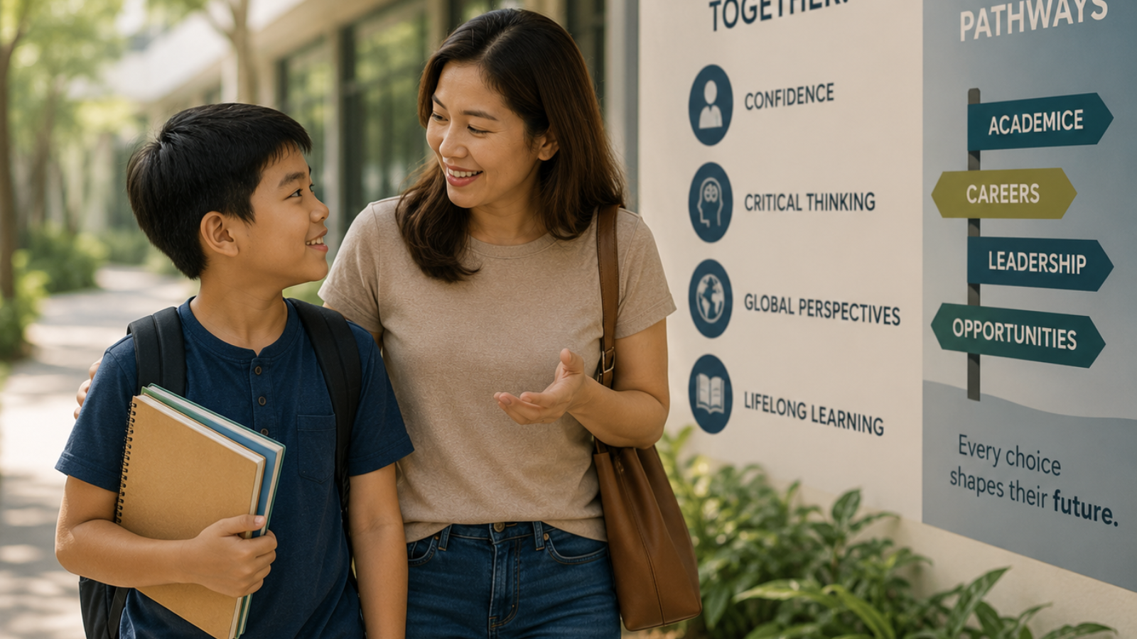 Parent and child walking together while discussing future educational goals and opportunities, symbolizing thoughtful school selection, long-term academic planning, and the search for the best learning environment. The image represents the importance of choosing a homeschool curriculum or international education pathway that develops confidence, critical thinking, global perspectives, and lifelong learning skills.
